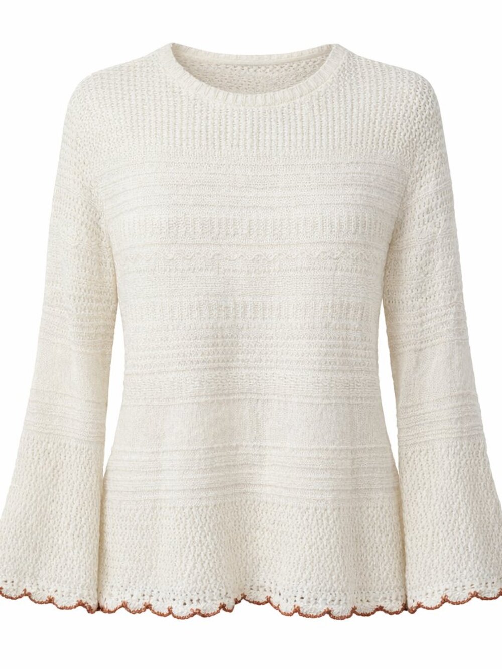 Knox Rose Sweater Large Pointelle cream brown trim BOHO chic cozy cabincore knit